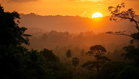 Soft twilight rays over jungle horizonの素材