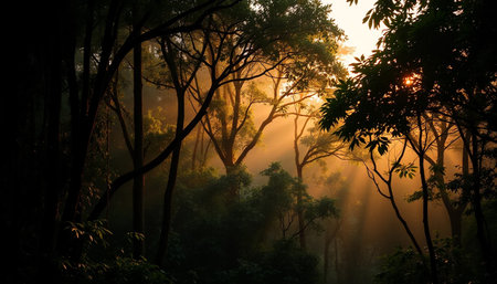 Peaceful evening glow on jungle treesの素材