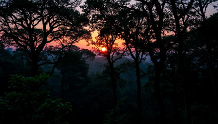 Peaceful jungle glowing in sunsetの素材