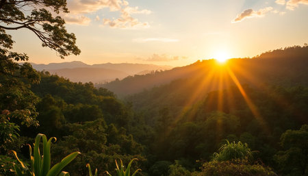 Golden sun rays over jungle valleyの素材