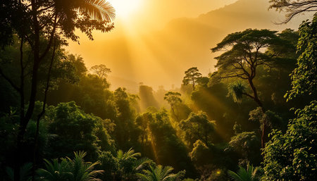 Golden forest under evening sunの素材