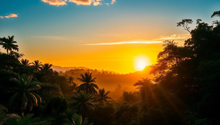 Golden horizon lights peaceful jungleの素材