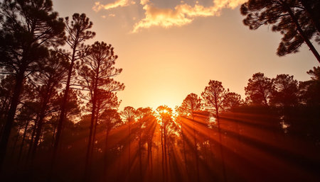 Tranquil light over forest sunsetの素材