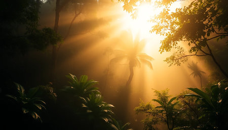 Warm sunlight through misty jungleの素材