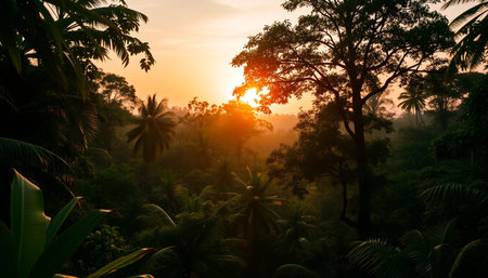 Warm sunlight over jungle treesの素材