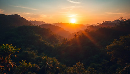 Golden sun rays over jungle valleyの素材