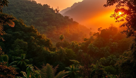 Soft orange light over jungle valleyの素材