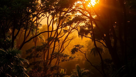 Golden light glows over jungle treesの素材