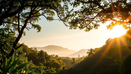 Golden forest under evening sunの素材