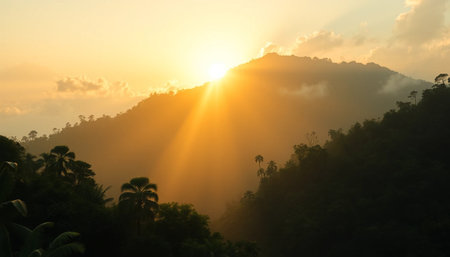 Warm sun rays above jungle mountainの素材