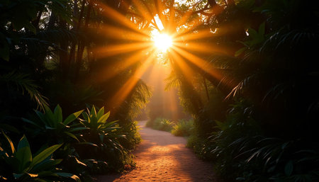 Golden sunset rays on jungle pathの素材
