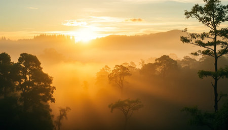 Golden light over misty forestの素材
