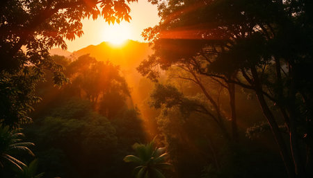 Warm sunlight over jungle treesの素材