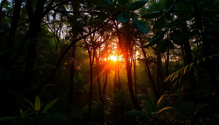Peaceful forest with glowing sunsetの素材