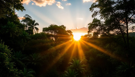 Warm sunlight flows across calm jungleの素材