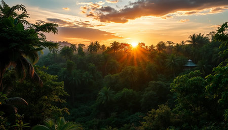 Golden glow over jungle forestの素材