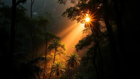 Golden evening glow through forestの素材