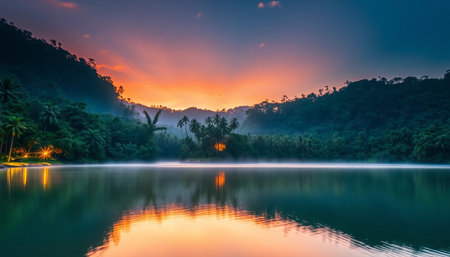Twilight over tranquil jungle lakeの素材