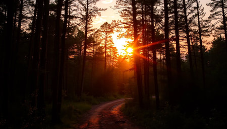Soft sunset on forest pathの素材
