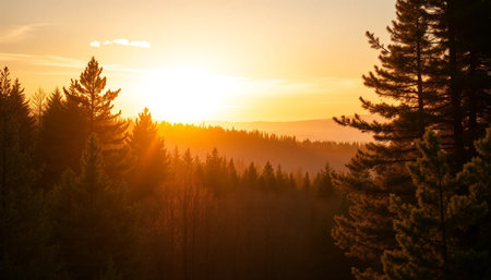 Golden forest under twilight skyの素材