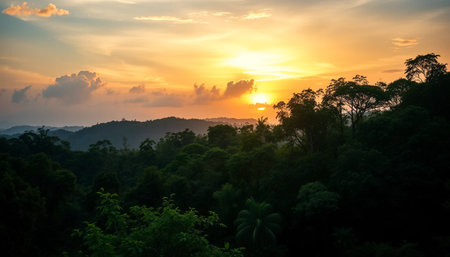 Golden evening sky above forestの素材