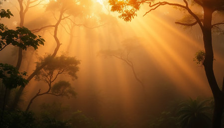 Warm orange sunlight through mistの素材