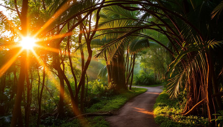 Golden rays on tranquil jungle pathの素材