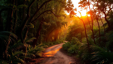 Warm sunset on peaceful jungle pathの素材