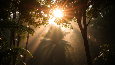 Soft evening light through forestの素材