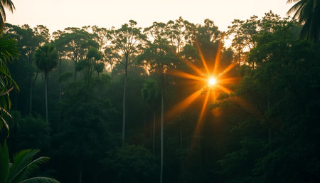 Golden light between jungle treesの素材