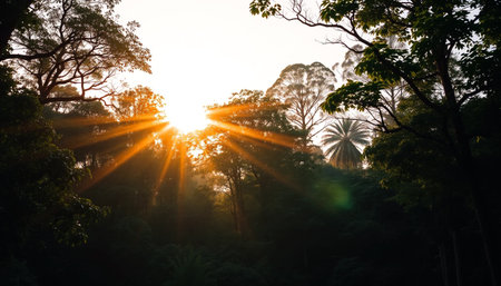 Golden light through forest treesの素材