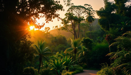 Warm sunset on peaceful jungle pathの素材