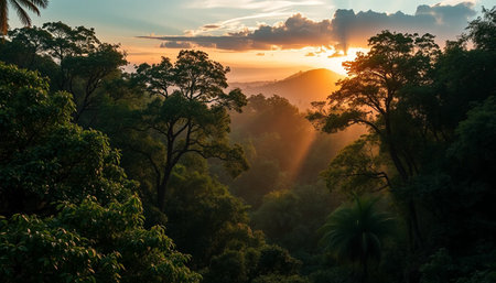 Peaceful jungle under evening lightの素材