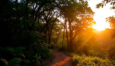 Golden glow above jungle valleyの素材