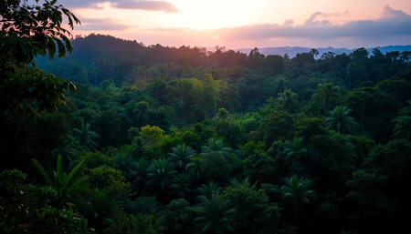 Evening light above forest hillsの素材