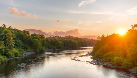 Soft orange light over jungle valleyの素材