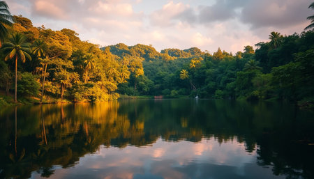 Peaceful sunset through jungle treesの素材