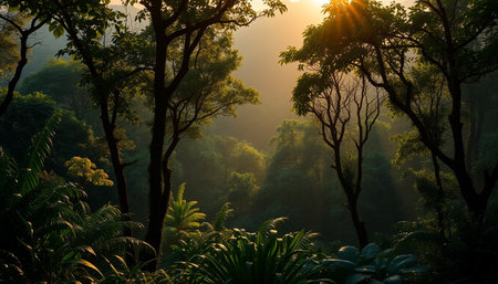 Evening sunlight on jungle forestの素材