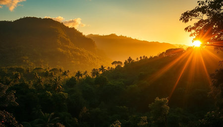 Golden light over jungle valleyの素材