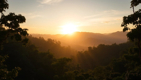 Golden horizon above jungle hillsの素材