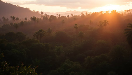 Twilight rays touch jungle treesの素材