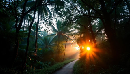 Warm sun lights jungle pathの素材