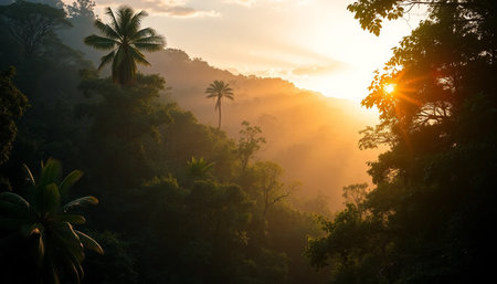 Twilight rays touch dense forestの素材