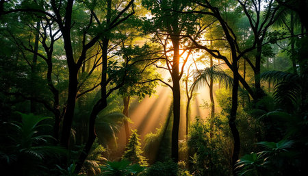 Evening sunlight warms jungle forestの素材