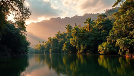 Soft golden glow on jungle lakeの素材