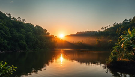 Soft golden glow on jungle lakeの素材