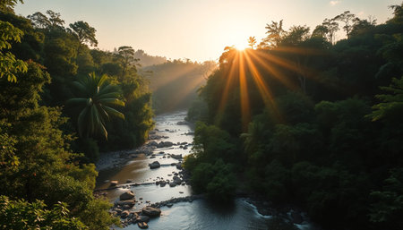 Warm sunlight over jungle riverの素材
