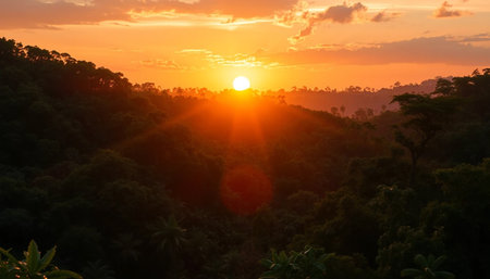 Golden sunset lights dense jungleの素材