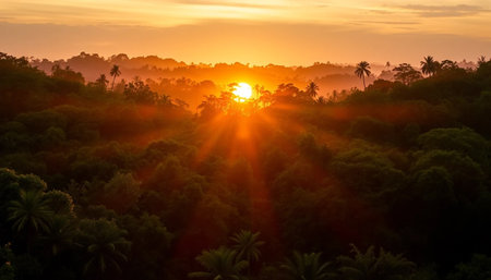 Golden light on jungle canopyの素材