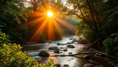 Warm sunlight over jungle riverの素材